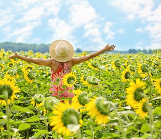 donna in mezzo ad un prato di girasoli