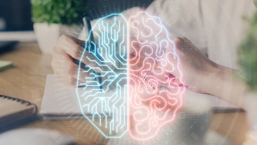Illustrazione di un cervello metà digitale e metà biologico sovrapposto a una persona che scrive, simbolo dell’integrazione tra mente razionale ed emozionale.