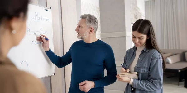 Docente che spiega alla lavagna durante una lezione, mentre i partecipanti ascoltano e prendono appunti.