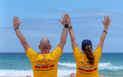 Partecipanti al percorso evolutivo Surf Your Life a Fuerteventura mentre esprimono entusiasmo e liberazione: celebrazione del cambiamento e integrazione corporea