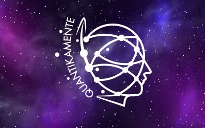 Logo “Quantikamente” raffigurato come profilo umano stilizzato con orbite energetiche, sovrapposto a una galassia luminosa.