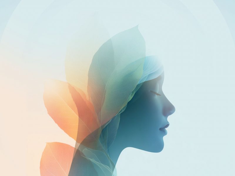 Profilo femminile stilizzato con effetti di luce e petali sovrapposti, simbolo di equilibrio interiore e benessere.